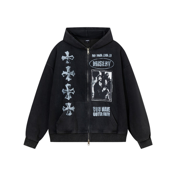 Cross figure printed washed hooded sweatshirt