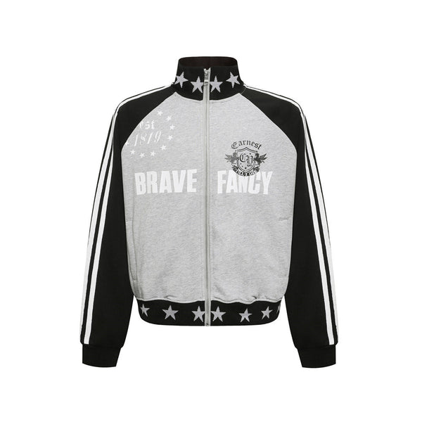 Splicing contrasting raglan sleeves stand up collar cardigan sweatshirt