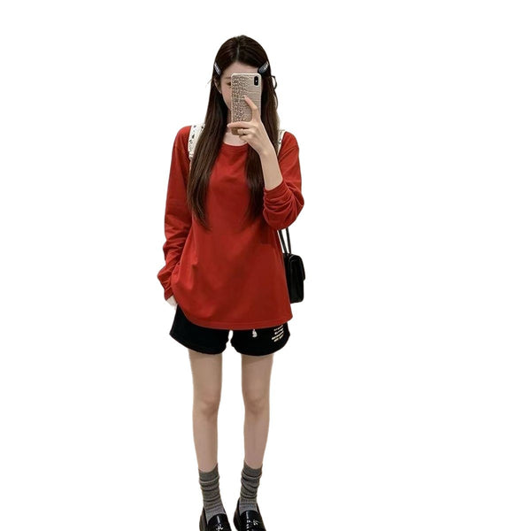 Loose Red Long Sleeve T-Shirt for Women, Comfortable and Versatile Top