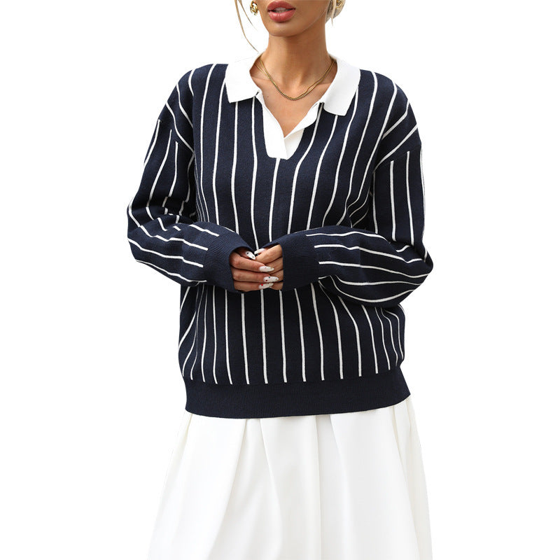 Casual College Street Striped Collar Women's Sweater
