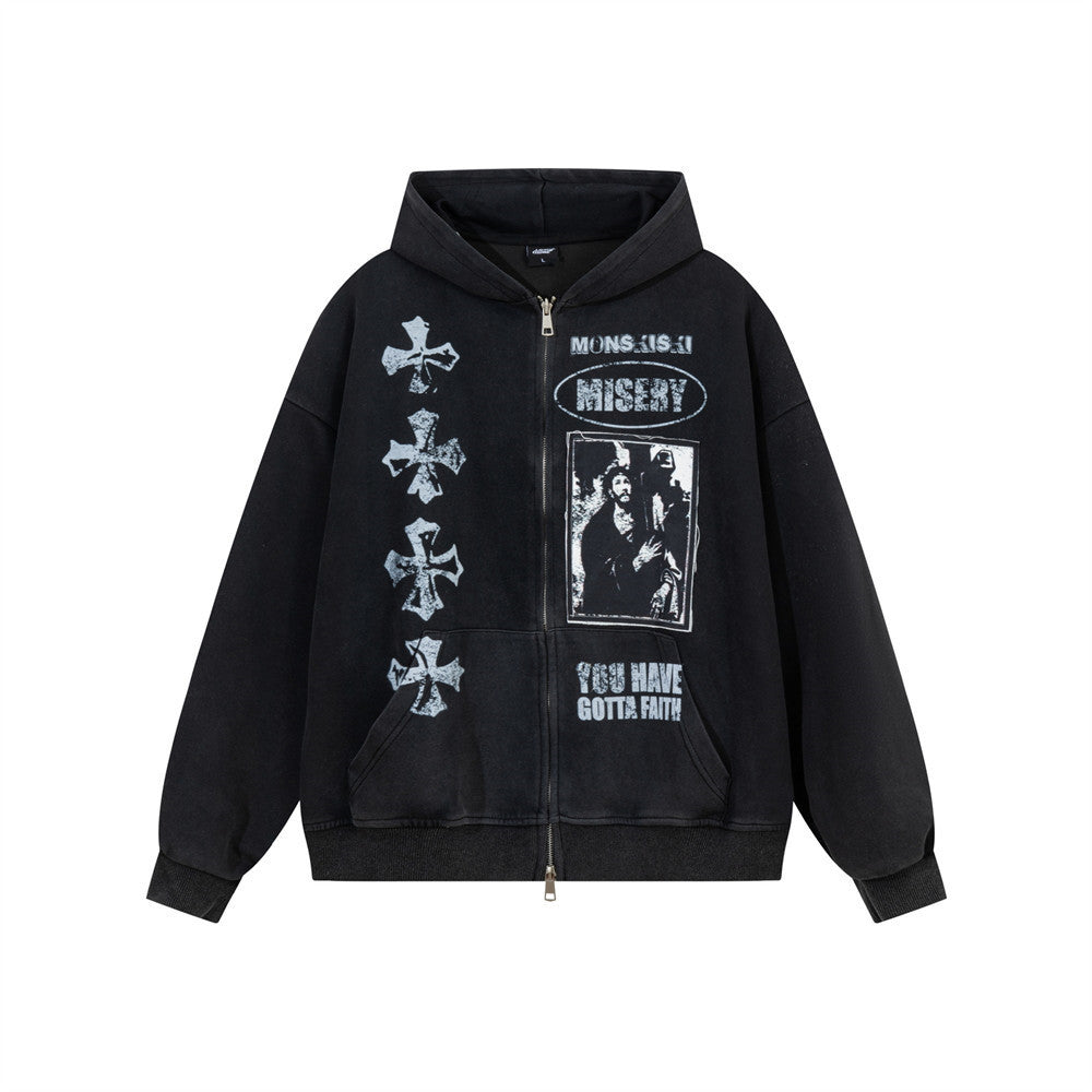 Cross figure printed washed hooded sweatshirt