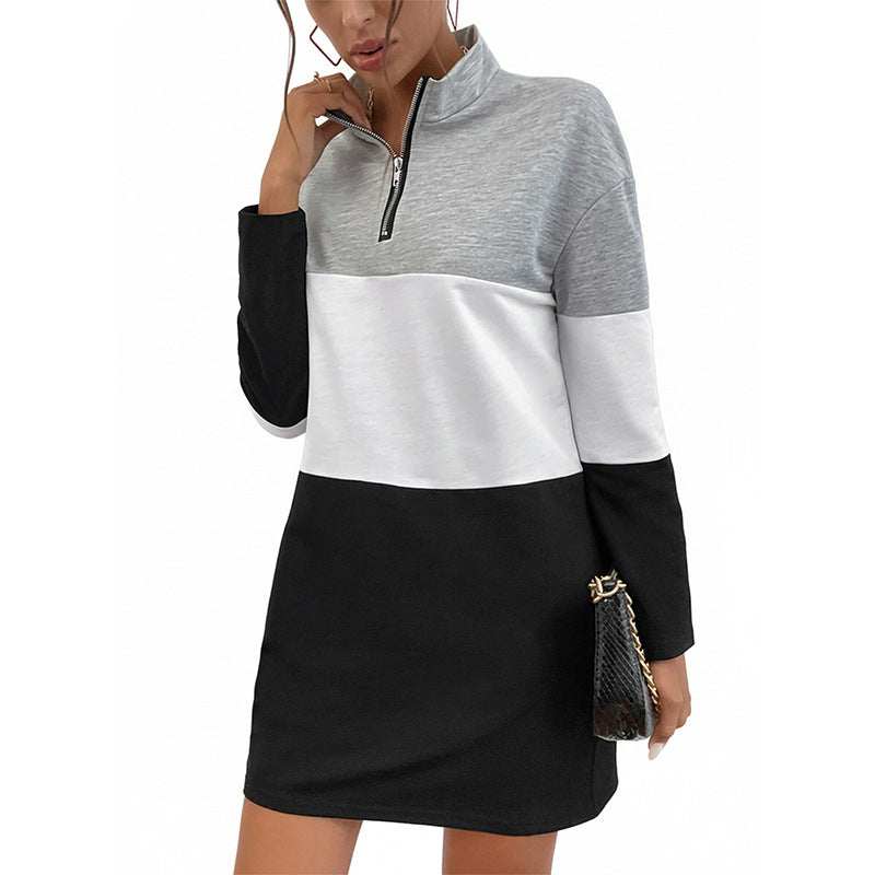 Color Block Zip Front Stand Collar Black Women's Sweatshirt Dress