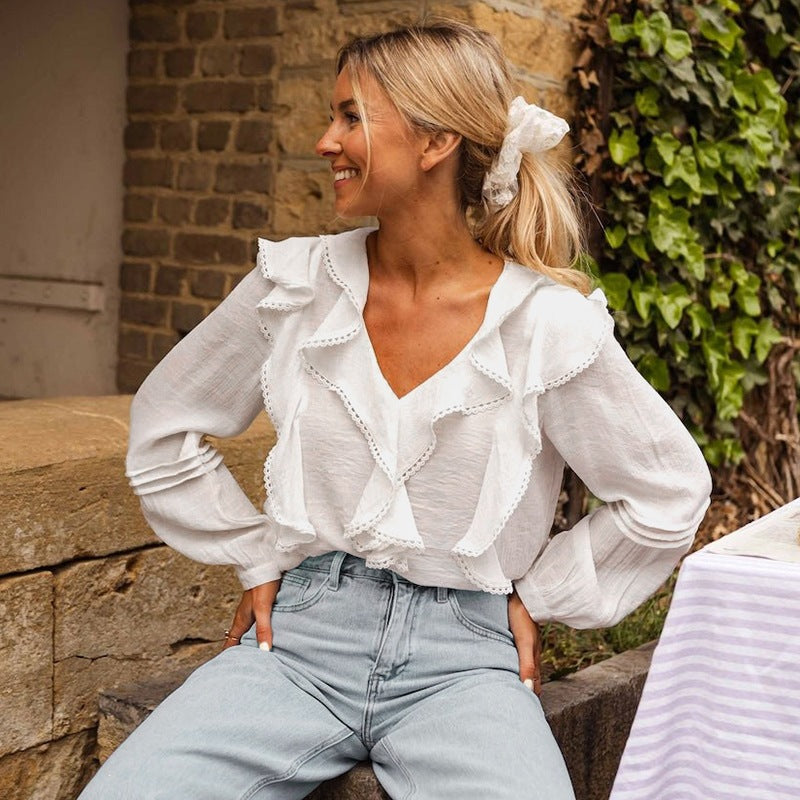 Lace Splicing Ruffle Long Sleeve V-Neck White Women's Shirt