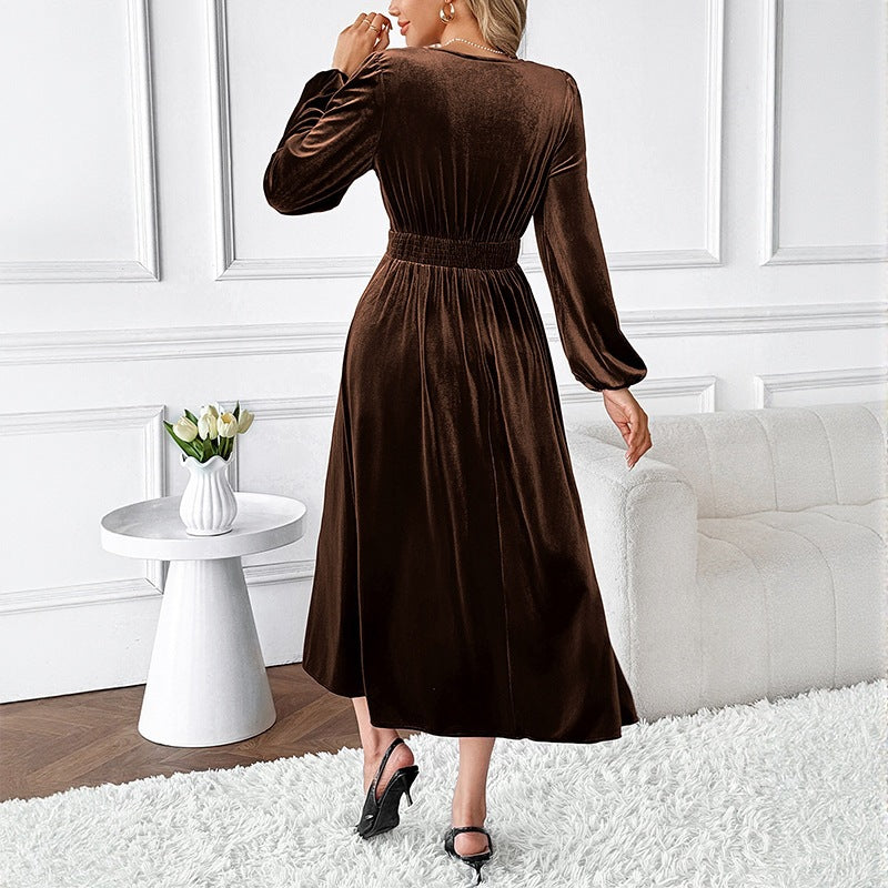 Patchwork Lace Long Sleeve V-Neck Velvet Maxi Dress