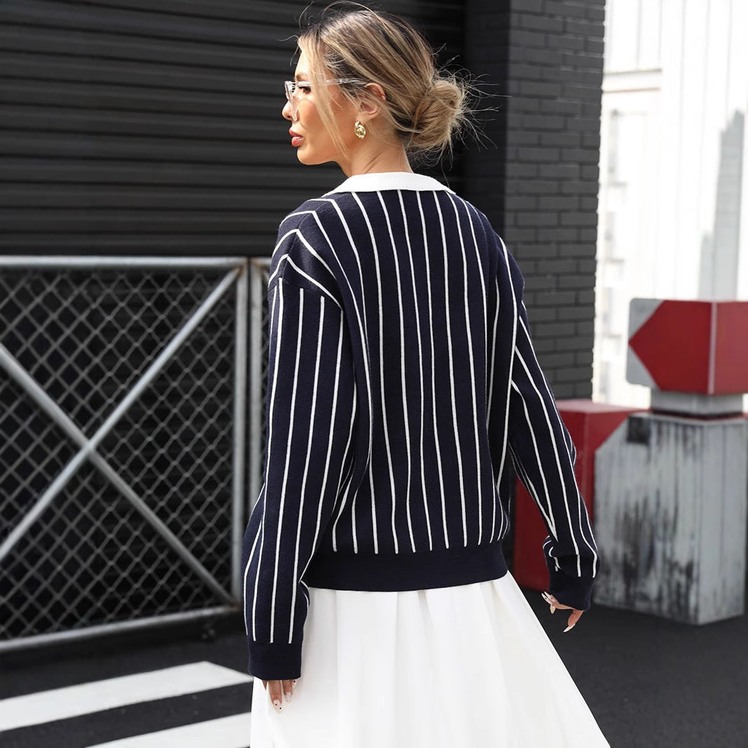 Casual College Street Striped Collar Women's Sweater