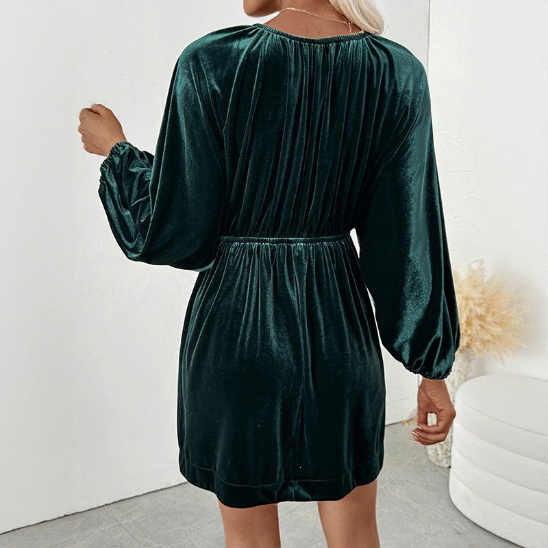 Women's Solid Color Lantern Sleeve Deep V Neck Velvet Dress