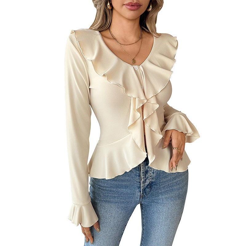 Women's Solid Color V-Neck Ruffle Slim Fit Casual T-Shirt
