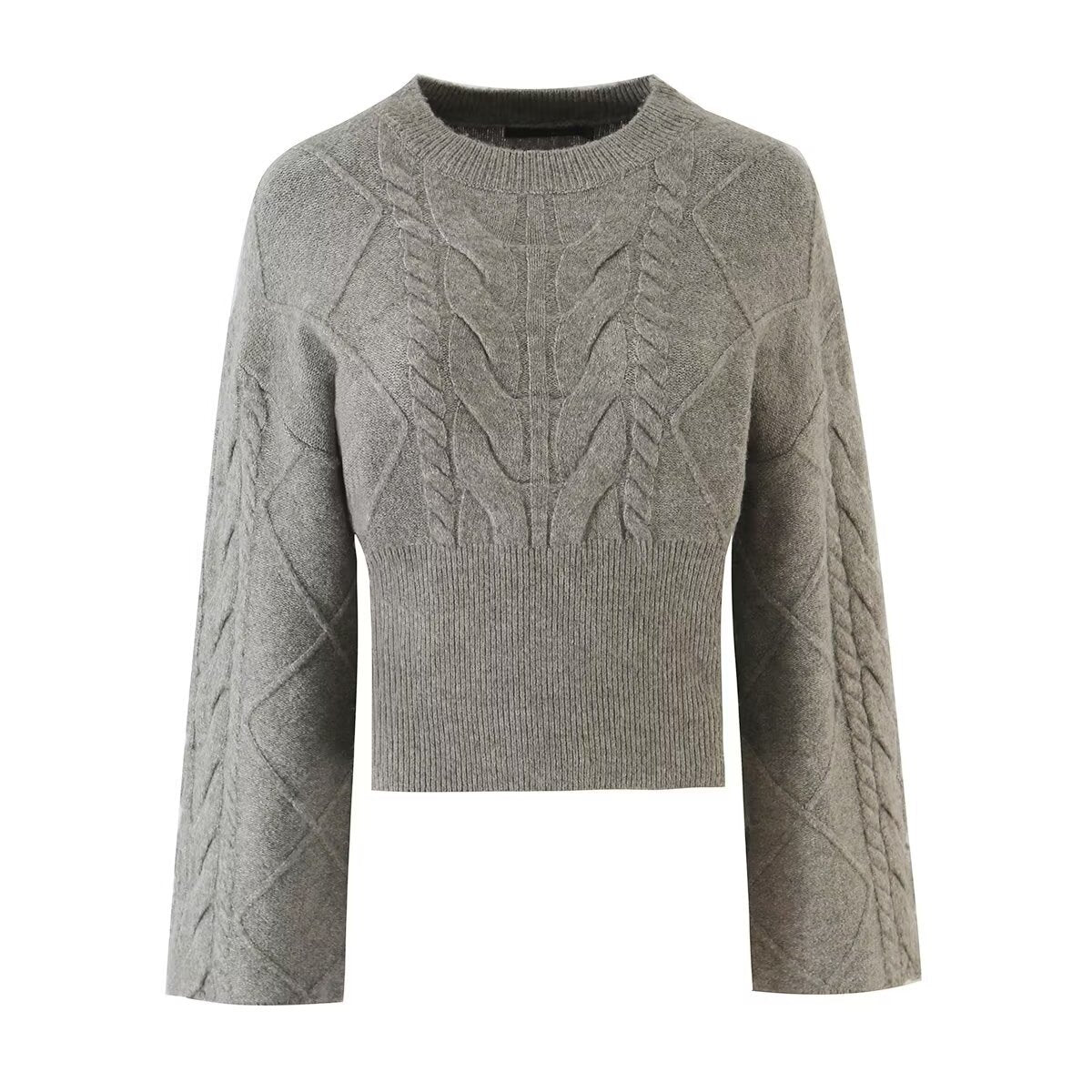 Straight sleeve Fried Dough Twists waist round neck knit sweater women