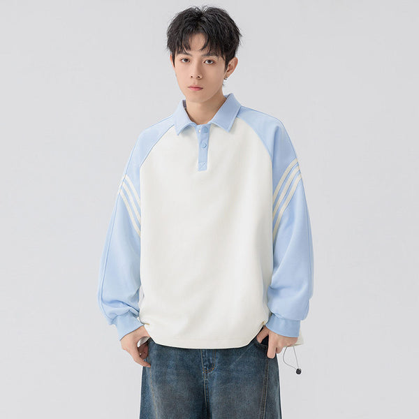 Heavyweight Double-Sided Fabric Flip Collar Hoodie Men's Spring Autumn New Stitched Stripe Raglan Sleeve Polo Neck Loose Long Sleeve