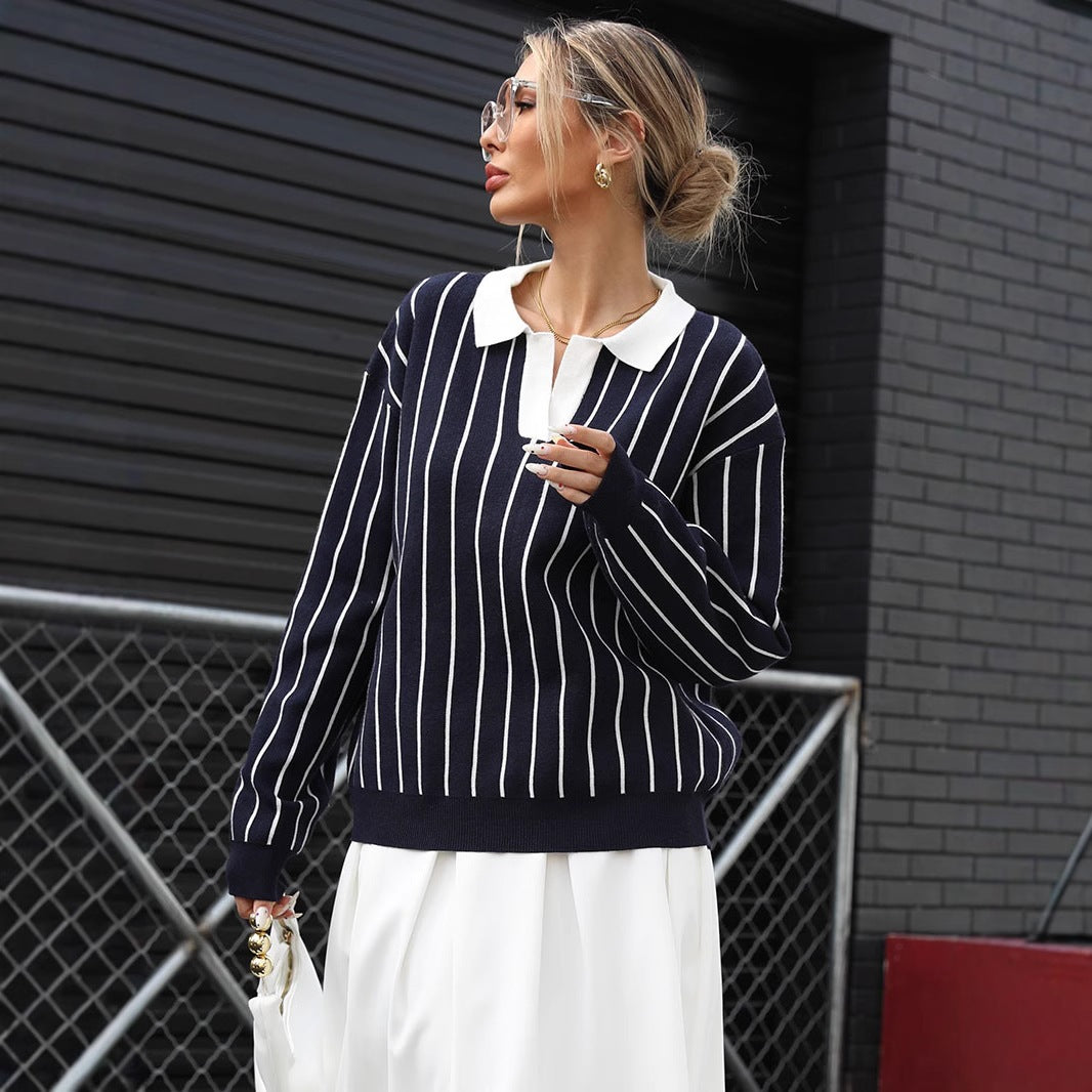 Casual College Street Striped Collar Women's Sweater