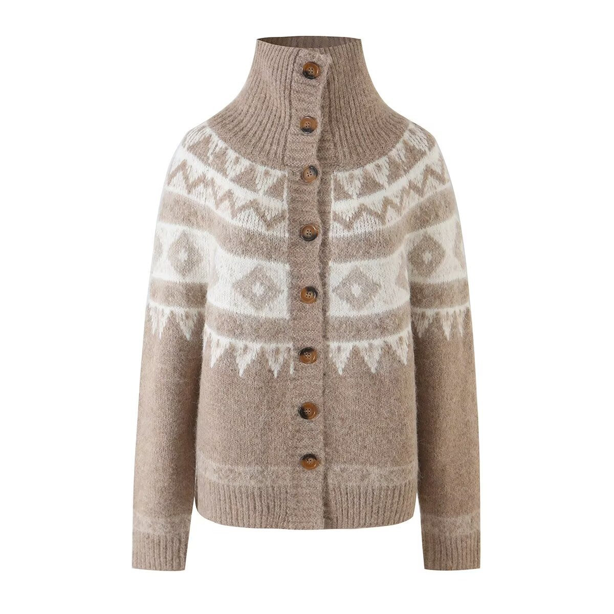 Color blocking jacquard cardigan stand up collar knitted sweater jacket for women