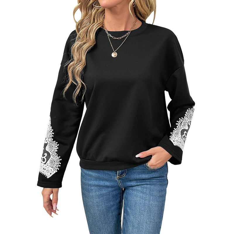 Women's Casual Lace Splicing Round Neck Pullover Sweatshirt