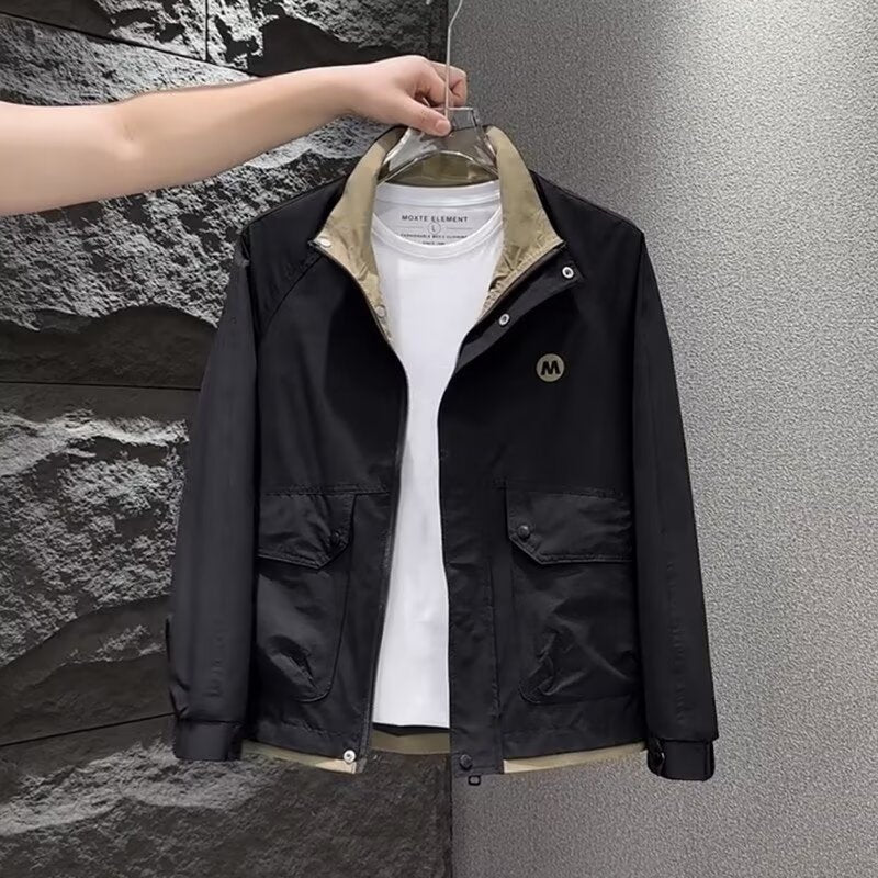 Men's Casual Color-Block Double Layer Stand Collar Short Jacket