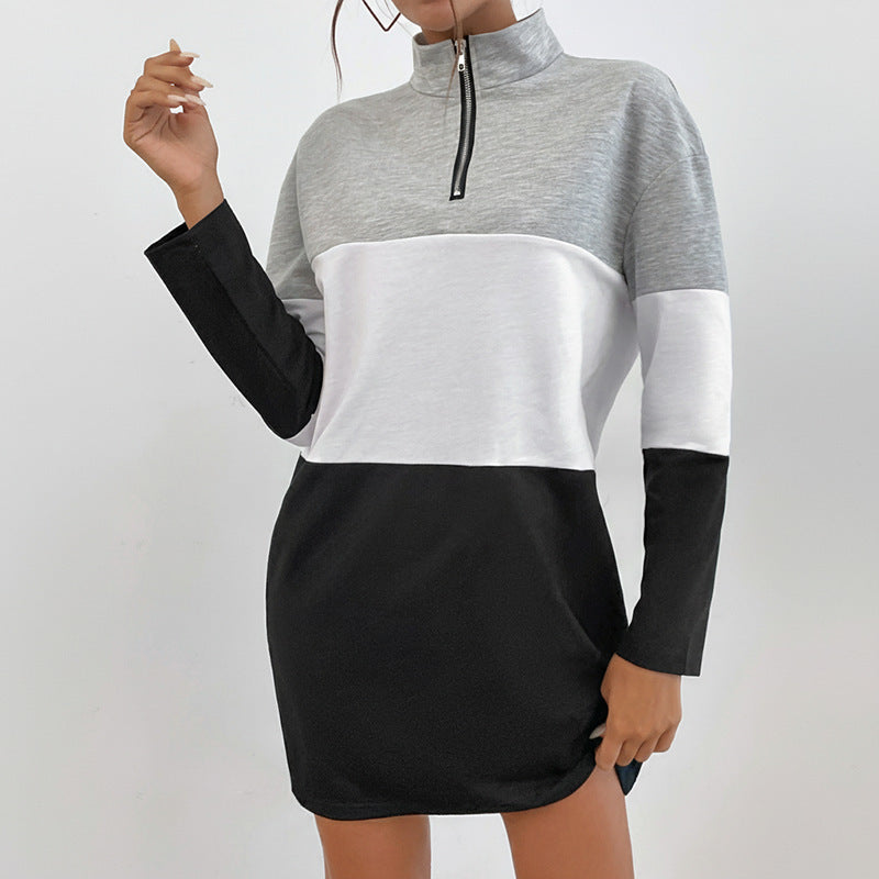 Color Block Zip Front Stand Collar Black Women's Sweatshirt Dress