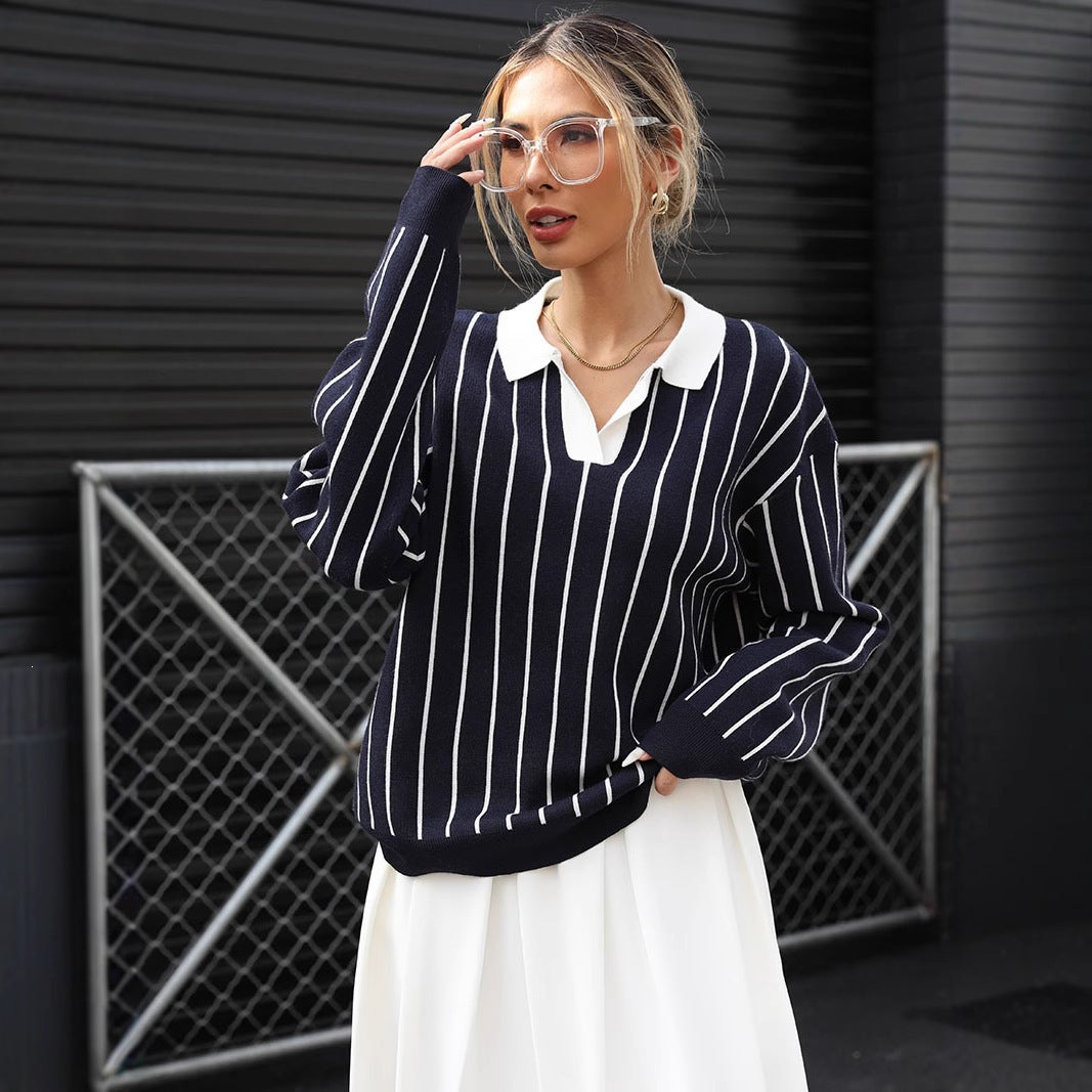 Casual College Street Striped Collar Women's Sweater