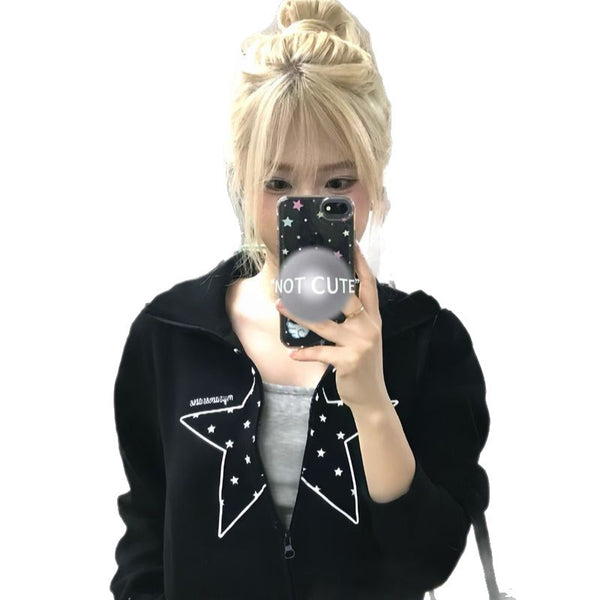 Star Short Crop Stand Collar Hoodie for Women Slim Fit Waist-Cinching Open Front Cardigan Top