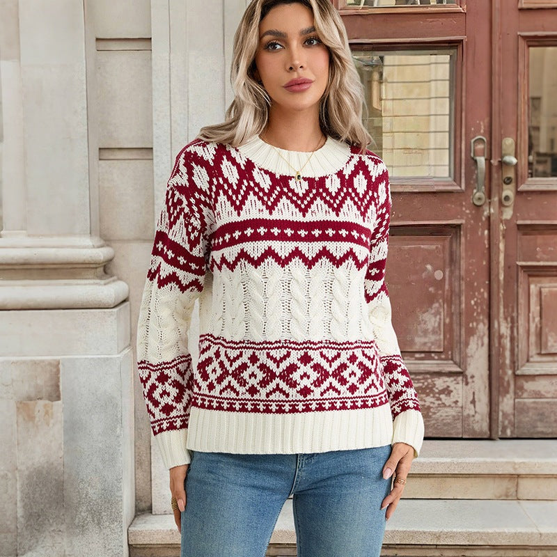 Vintage Jacquard Relaxed Fit Pullover Sweater for Women