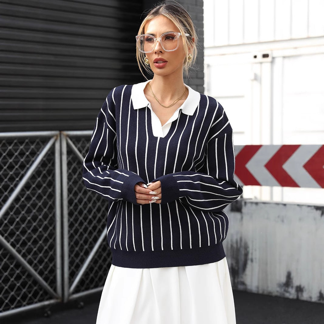 Casual College Street Striped Collar Women's Sweater