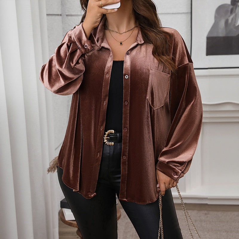 Russian Solid Color Lapel Collar Velvet Plus Size Women's Blouse