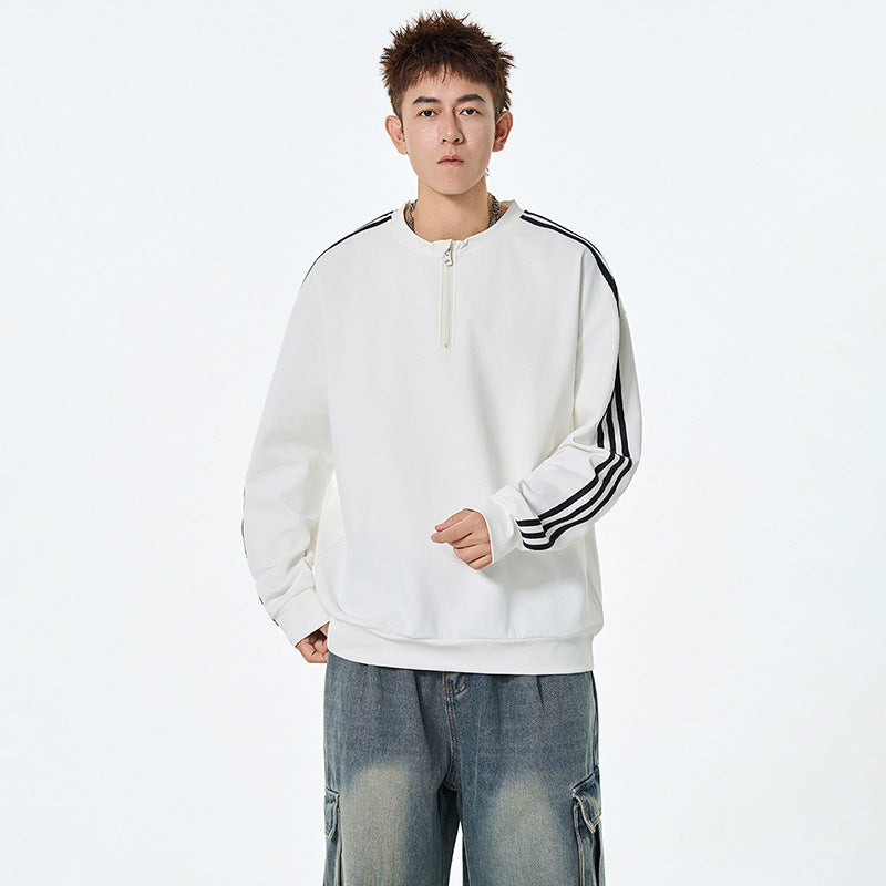 Thick Lightweight Hoodie Men Autumn Loose Fashion Brand Striped Base Layer Round Neck High Street Versatile Couple Tops