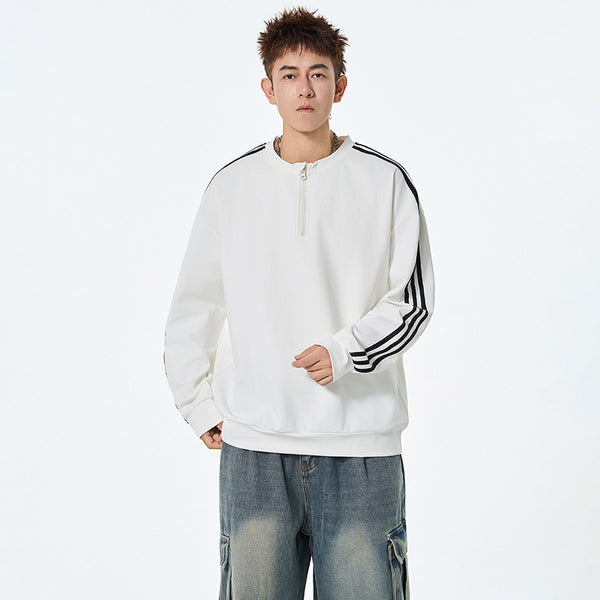 Thick Lightweight Hoodie Men Autumn Loose Fashion Brand Striped Base Layer Round Neck High Street Versatile Couple Tops