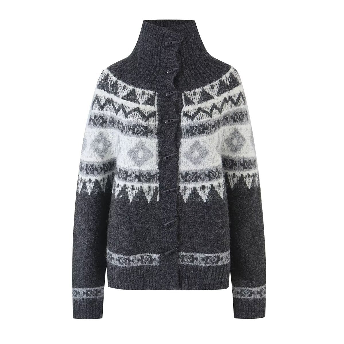 Color blocking jacquard cardigan stand up collar knitted sweater jacket for women