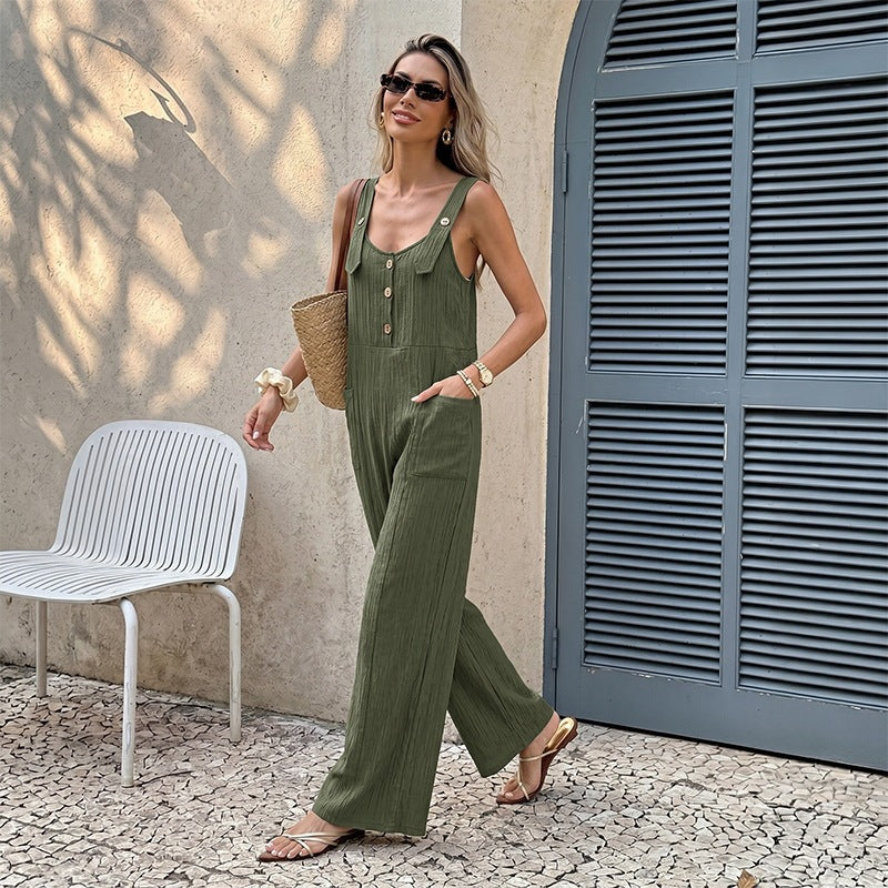 Women's Textured Sleeveless Open Back Strap Long Loose Jumpsuit
