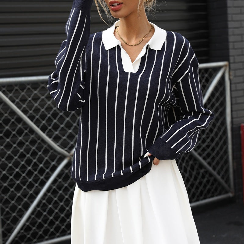 Casual College Street Striped Collar Women's Sweater