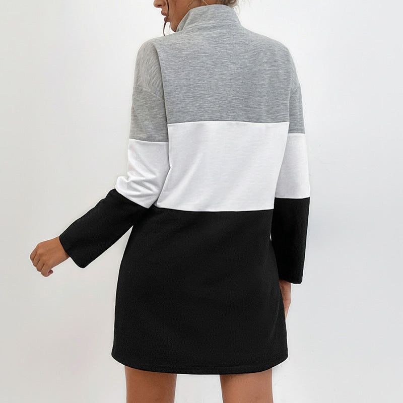 Color Block Zip Front Stand Collar Black Women's Sweatshirt Dress