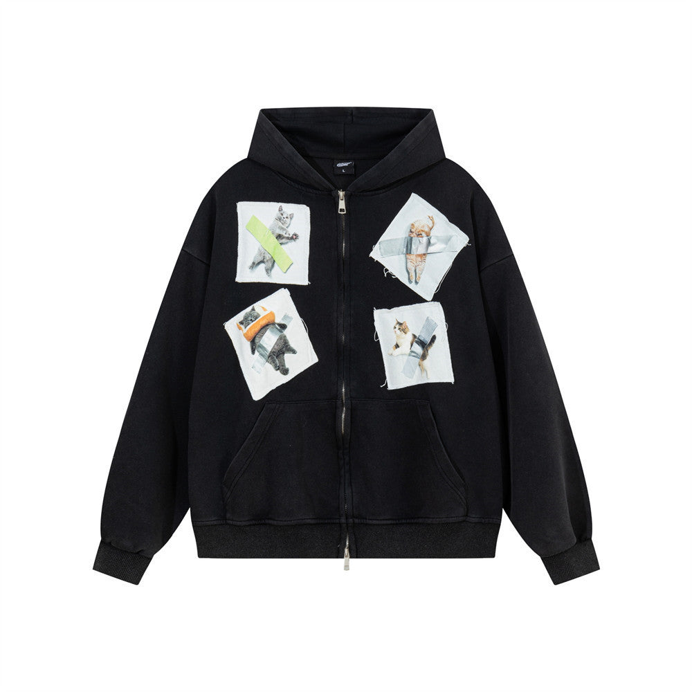 Color blocking adhesive cloth cat hooded sweatshirt
