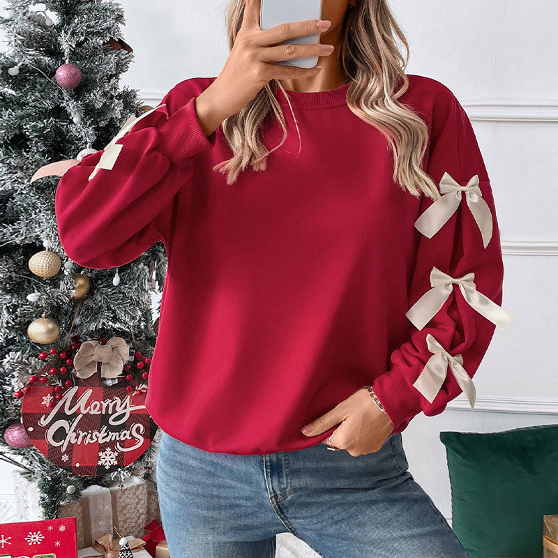Women's Pink Long Sleeve Crew Neck Bow Detail Christmas Sweatshirt