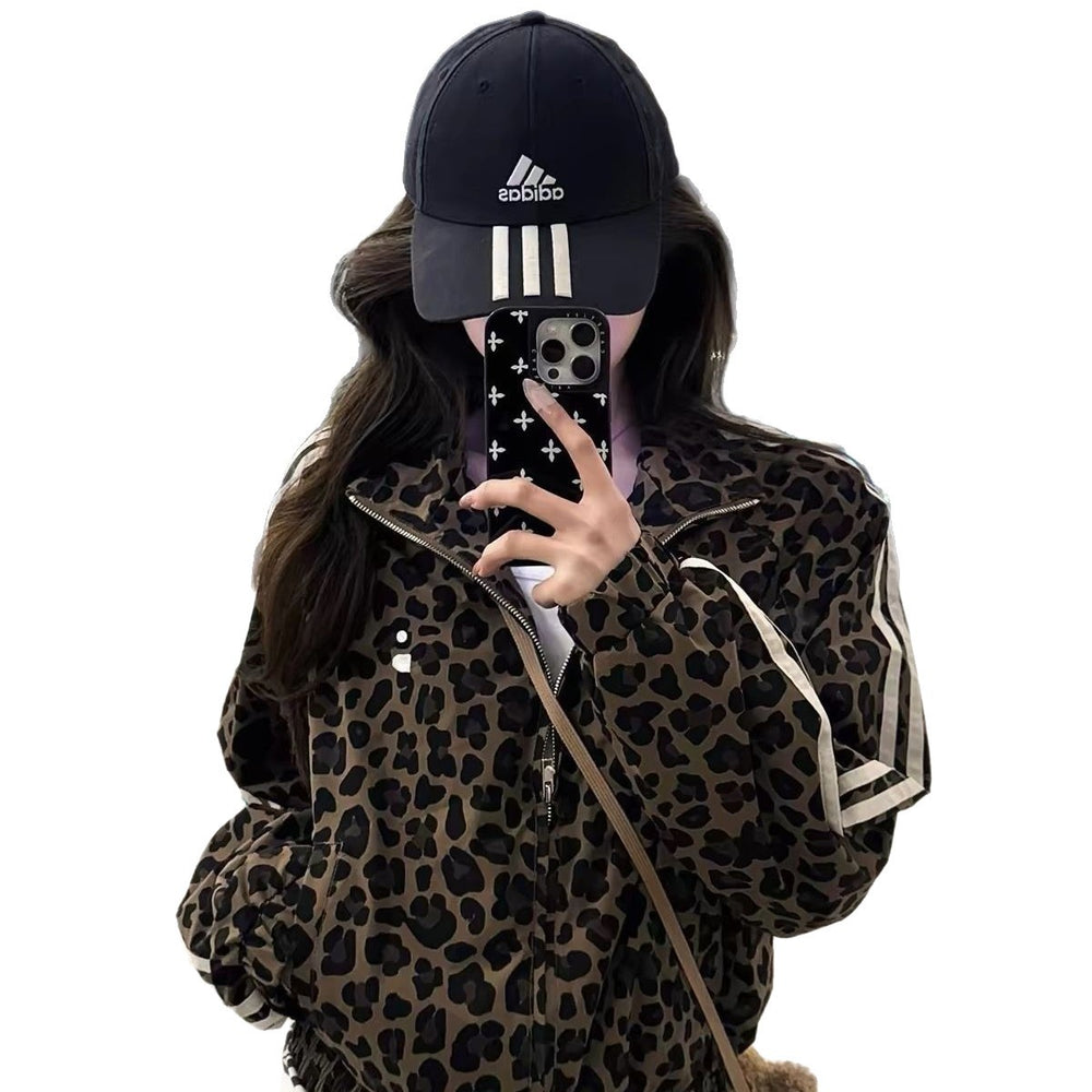 Retro Leopard Print Stand Collar Zip-Up Hoodie for Women