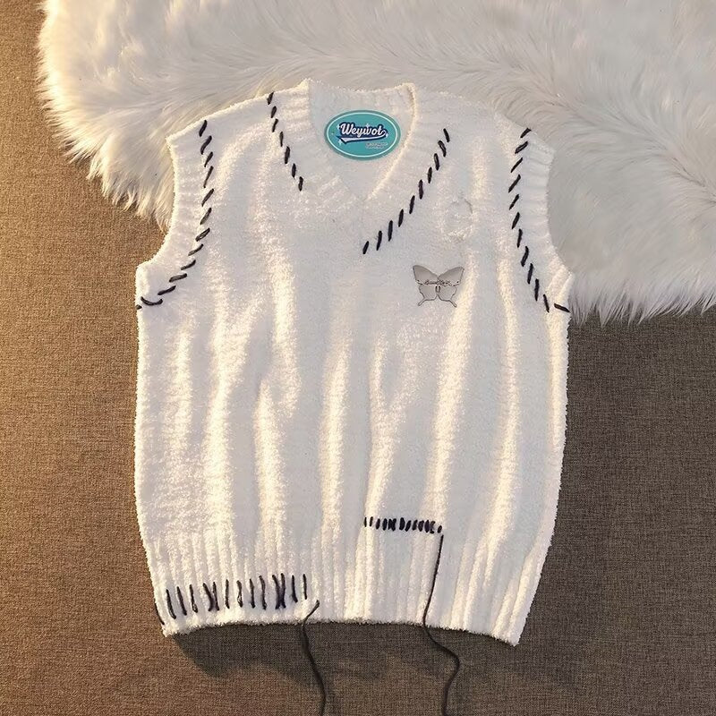 Casual Printed Sleeveless Bowknot Round Neck Pullover Sweater White