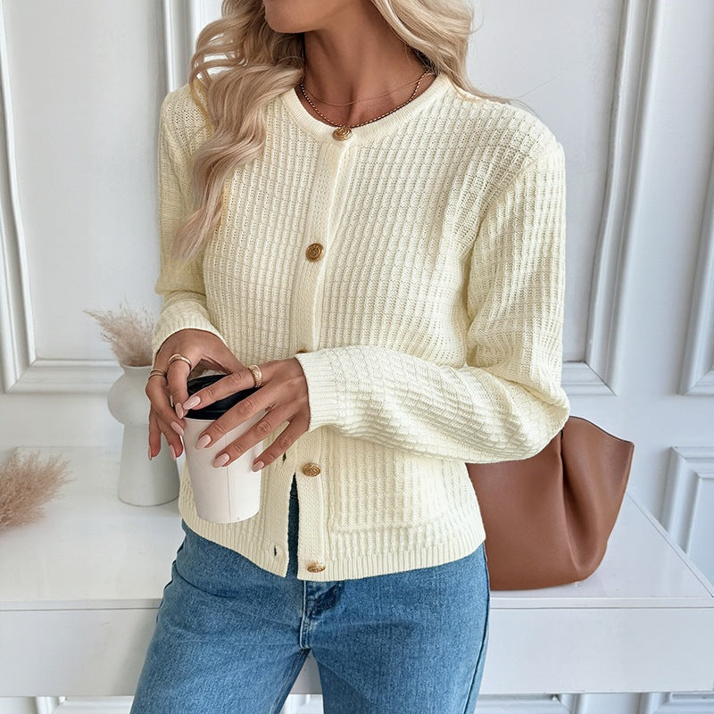Solid Color Metal Button Short Knit Cardigan Sweater for Women