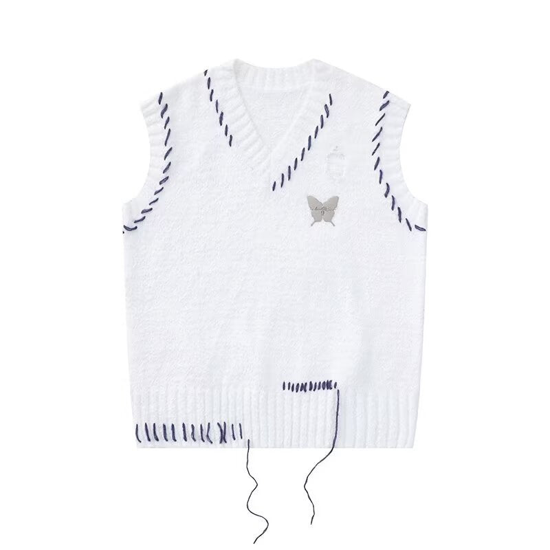 Casual Printed Sleeveless Bowknot Round Neck Pullover Sweater White