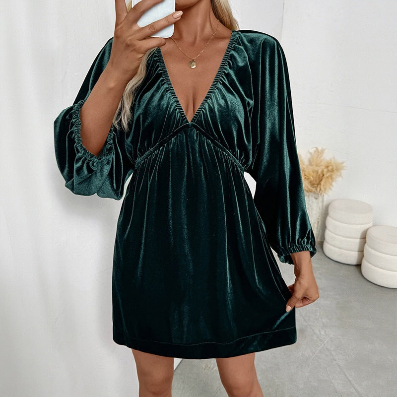 Women's Solid Color Lantern Sleeve Deep V Neck Velvet Dress