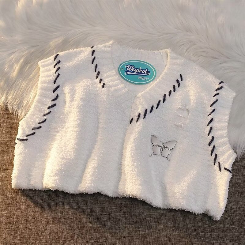 Casual Printed Sleeveless Bowknot Round Neck Pullover Sweater White
