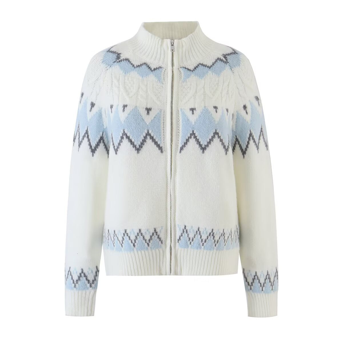 Color blocking jacquard cardigan stand up collar knitted sweater jacket for women