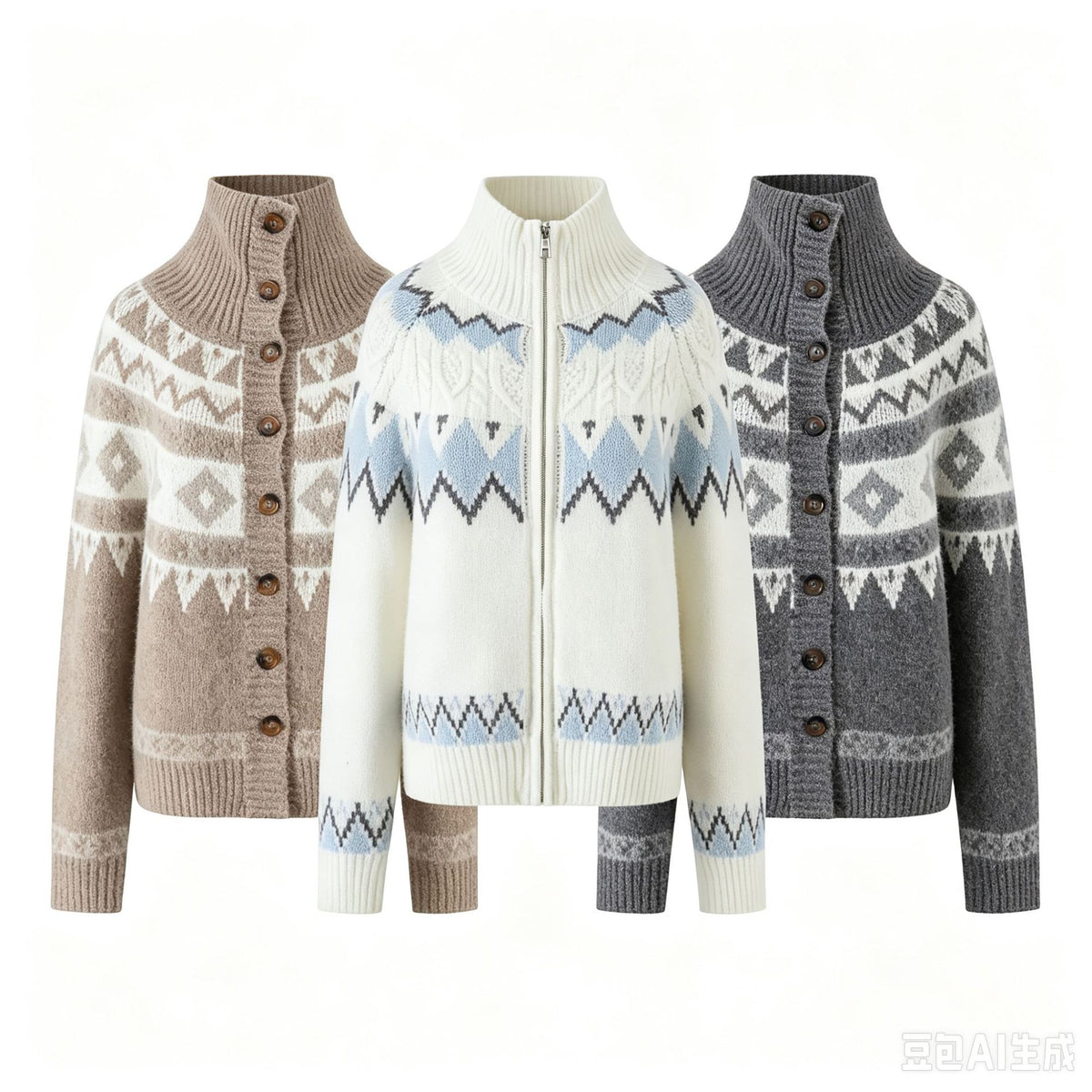 Color blocking jacquard cardigan stand up collar knitted sweater jacket for women
